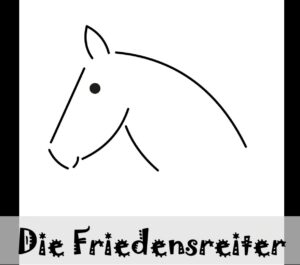 Silouette eines Pferdekopfes in schwarz, in schwarzer Schrift steht darunter: die Friedensreiter,Bild wurde gemacht aus Anlass des Trickfilmmusical der goße und der kleine Frieden, Erzähltheater Osnabrück