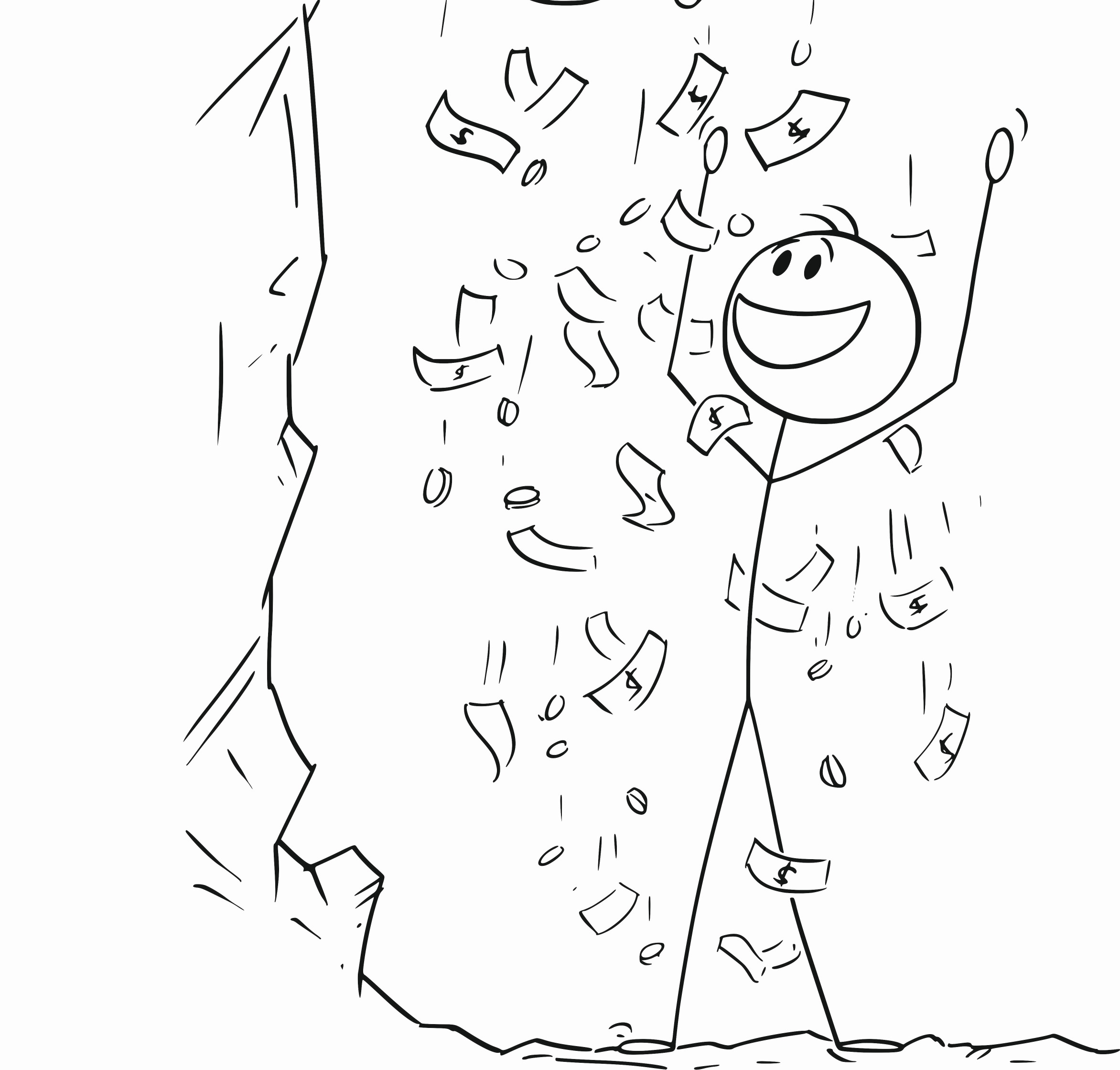 Strichmännchen mit lachendem Gesicht, Geldscheine fallen vom Himmel, Geldsegen